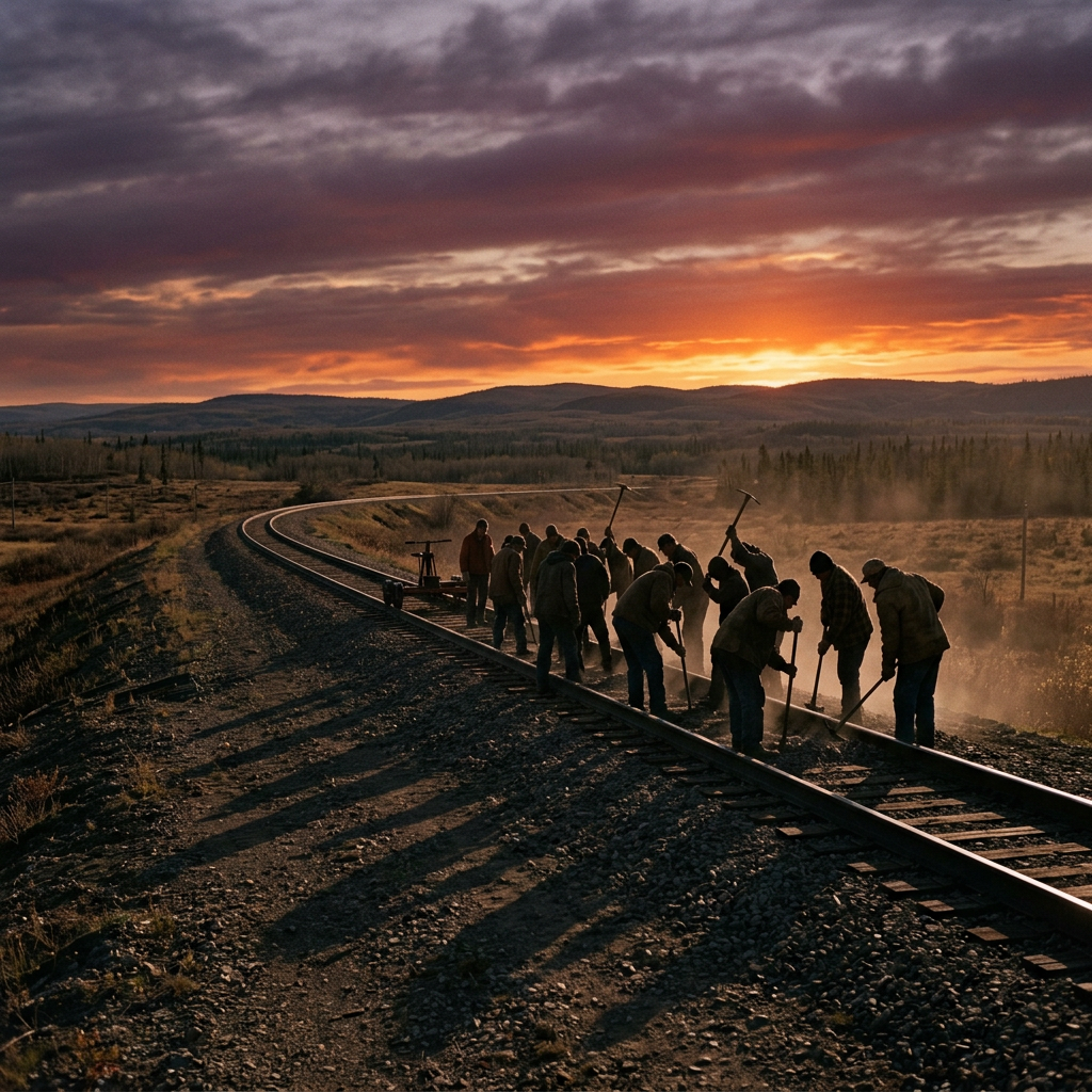 Railway workers repairing tracks with tools at sunset